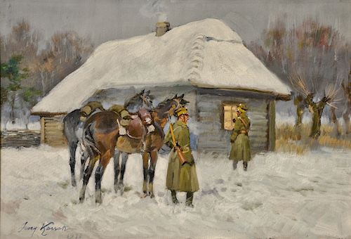 Jerzy Kossak (1886-1955), oil on board, Military Camp with Soldiers in Winter, signed and dated lower left: Jerzy Kossak 1940, p...