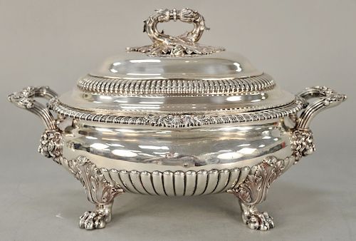 Paul Storr (1771-1844) silver soup tureen with cover,  having leaf and scroll cover handle, shells and scrolled supported by lion...