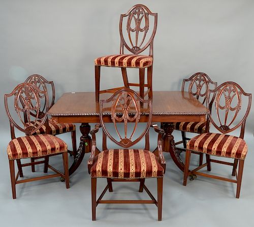 Fineberg mahogany dining set to include table and six chairs, table is rectangular in form with rope edge on double pedestal base w...