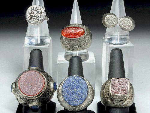 18th C. Central Asian Silver & Glass Seal Rings (6)