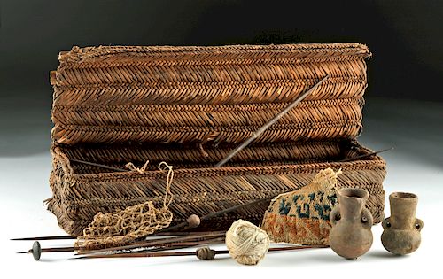 Large Chancay Textile Weaver's Basket & Tools