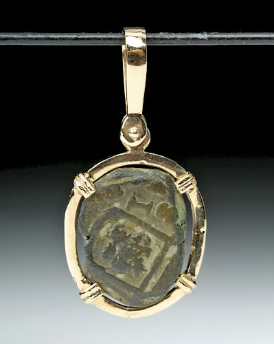 17th C. Spanish Charles II Silver Coin 14K Gold Pendant