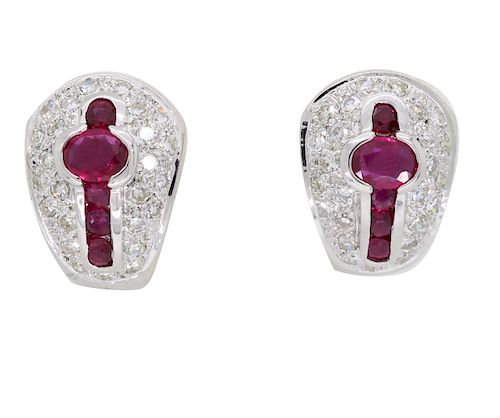 18k Estate Diamond & Ruby Omega Back Earrings