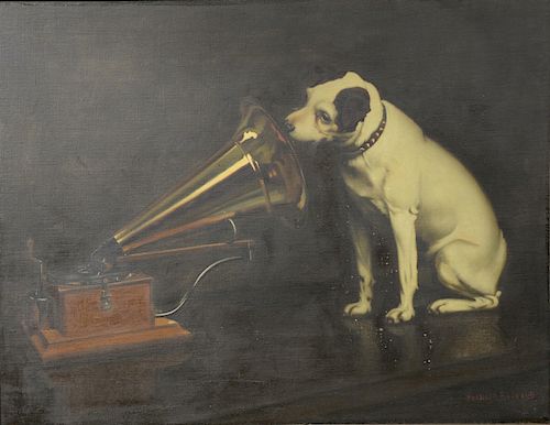 Francis Barraud (1856-1924),  oil on canvas,  "His Master's Voice", "Nipper",  Trademark Edison Phonograph painting, originall...