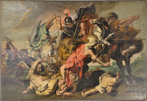 After Sir Peter Paul Rubens (1577-1640), oil on panel, "The Lion Hunt", unsigned, 17th/18th century,16 1/16" x 23 3/8" Proven...