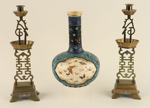 CHINESE VASE INSECT MOTIF AND PAIR CANDLESTICKS