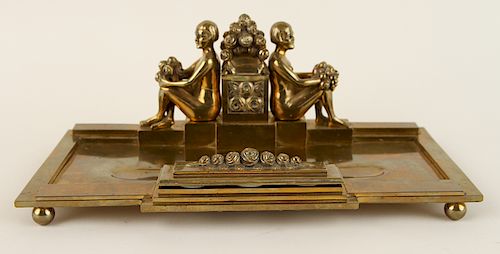ART DECO BRASS INK STAND SEATED FEMALE FIGURES