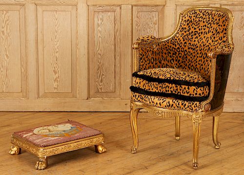 GILT WOOD LOUIS XVI STYLE BERGERE CHAIR AND STOOL
