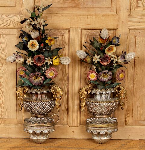 TWO FRENCH POLYCHROMED GILT WOOD SCONCES C.1900