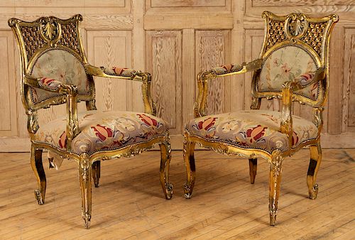 PAIR GILTWOOD OPEN ARM CHAIRS TAPESTRY 1940