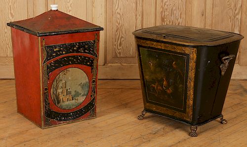 TWO LATE 19TH C. ENGLISH PAINTED TOLE COAL HODS
