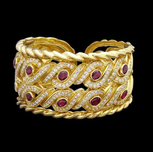 18K Yellow Gold Ruby & Diamond Cuff Bracelet