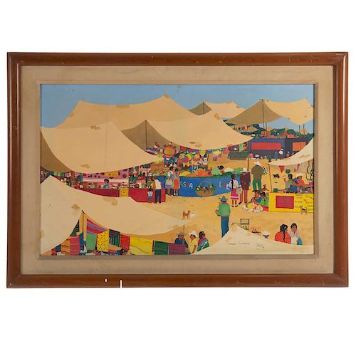 Firmado Felipe. "Mercado La Canasta". Óleo sobre tela. Enmarcado en madera tallada.