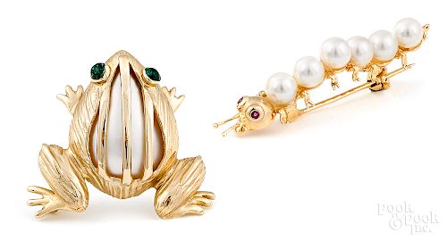 Two 14K yellow gold and pearl brooches