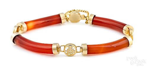 14K yellow gold orange jade link bracelet