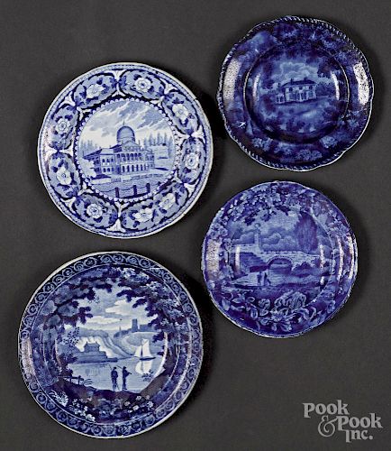 Four blue Staffordshire toddy plates