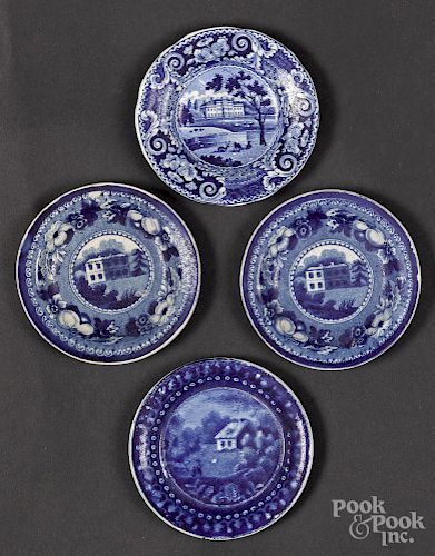 Four blue Staffordshire cup plates
