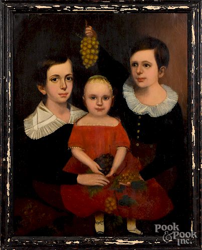 Oil on canvas folk portrait of three children