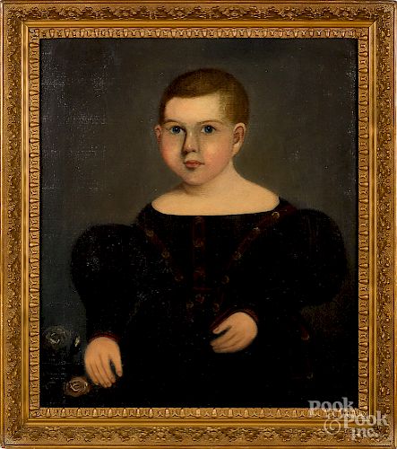 American oil on canvas folk portrait of a boy