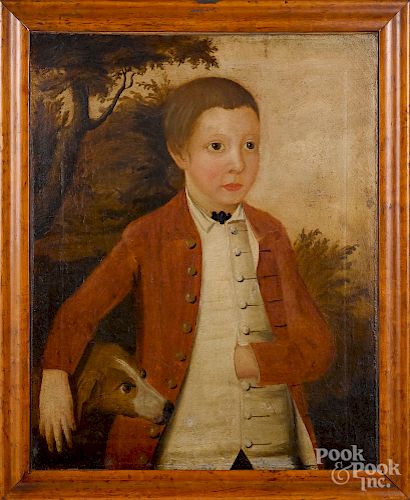 English oil on canvas of a young boy and his dog
