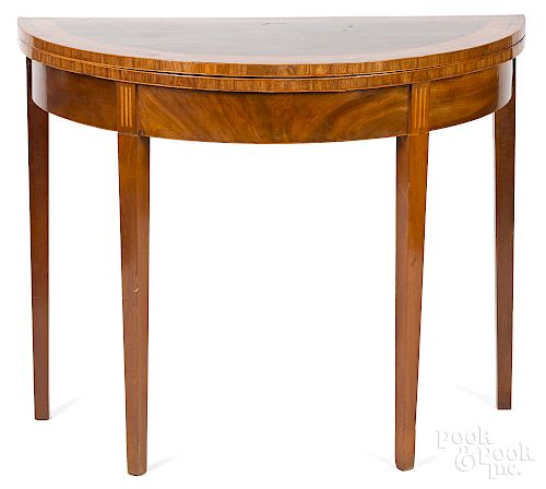 George III inlaid mahogany demilune card table