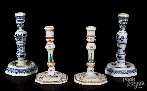Two pairs of Chinese export porcelain candlesticks
