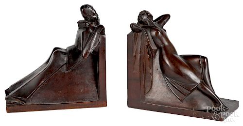 Pair of French Art Deco carved mahogany bookends
