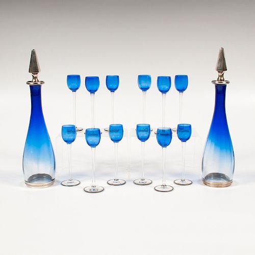 French Sterling and Art Glass Cordial and Decanter Set