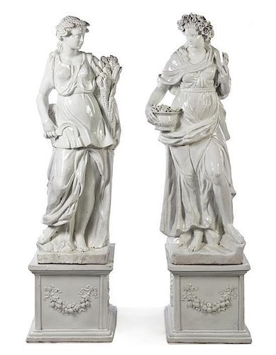 Two Neoclassical Tin-Glazed Terra Cotta Figures, Height of tallest overall 74 1/2 inches.