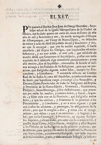 Felipe V. Orden a los Provinciales de Todas las Regiones... y Nueva España Cuiden que sus Religiosos no Anden Solos. Madrid, 1703.