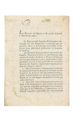 Herrera, José Manuel. Decreto sobre Juramento y Solemne Proclamación de la Independencia. Mexico, octubre 10 de 1821. Rubric.