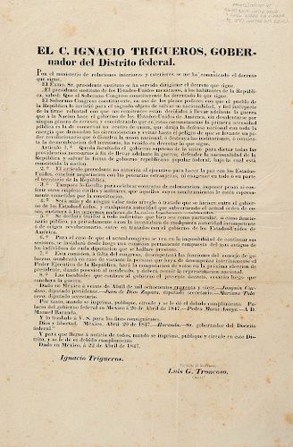 Trigueros, Ignacio. Decreto. "Sus comitentes están decididos a llevar adelante la guerra contra Estados Unidos". Mexico, 1847.