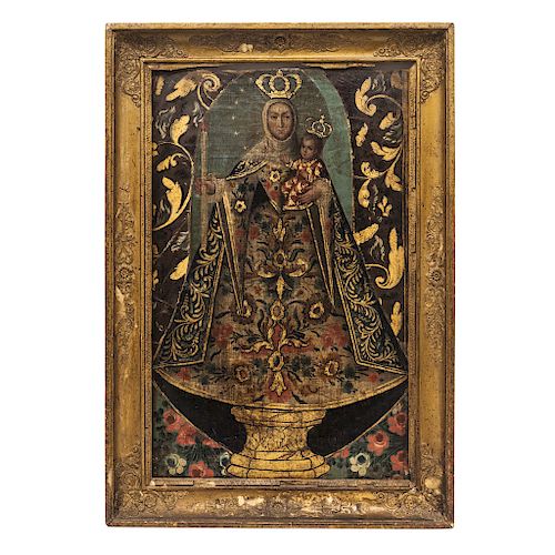 VIRGEN AMPONA CON NIÑO. MÉXICO, SIGLO XVIII. Óleo sobre tela, adherido a tabla. 52 x 33 cm