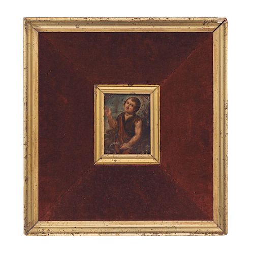 PAR DE MINIATURAS. MÉXICO, S.XVIII. Óleo sobre lámina de cobre. Imágenes de San Juan Bautista Niño y el Arcángel Gabriel. 9 x 7 cm c/u.