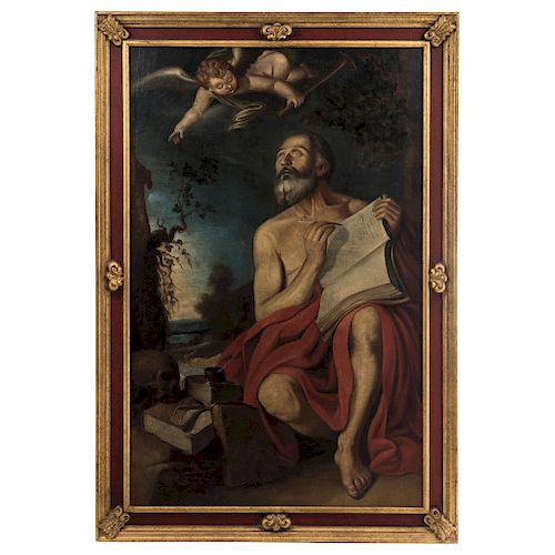 JOSEPH SANTANDER (MÉXICO, SIGLO XVII-XVIII). SAN JERÓNIMO. Óleo sobre tela. Firmado. 153 x 97 cm