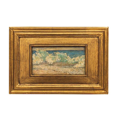 JOAQUÍN CLAUSELL (MÉXICO, 1866-1935). MARINA (RESACA CON OLA). Óleo sobre tela. 13.5 x 26 cm