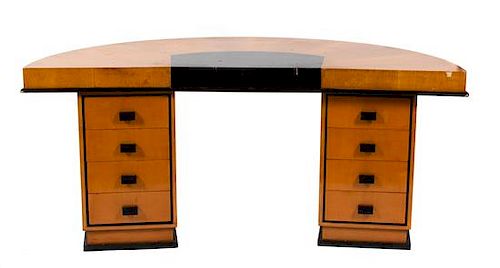 A Maplewood Veneered Twin-Pedestal Desk Height 31 3/4 x width 71 1/2 x depth 39 inches.