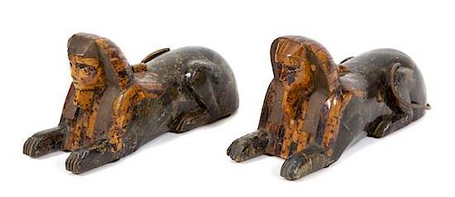 A Pair of Anthony Redmile Carved Wood and Tortoishell Veneer Sphinxes Height 6 1/4 x length 13 inches.