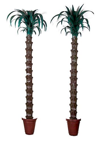A Pair of Italian Tole Paint Wall Mounted Palm Trees Height 102 inches.