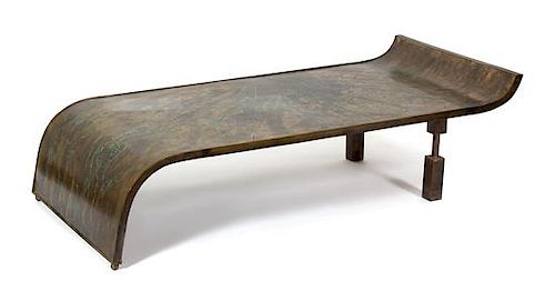 A Philip and Kelvin LaVerne Bronze Clad Wood Low Table Height 18 x width 60 x depth 29 1/2 inches.