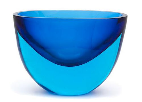 A Contemporary Blue Glass Vessel-form Vase Height 8 3/4 x width 12 3/8 inches.
