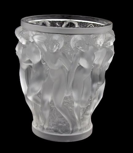 A Lalique Molded and Frosted Glass Bacchantes Vase Height 9 1/2 inches.
