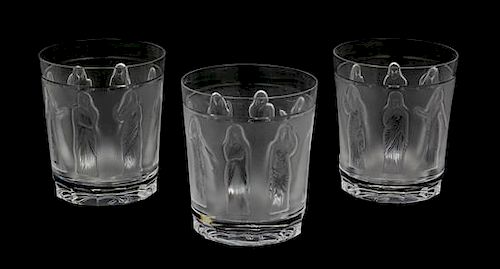 A Set of Ten Lalique Molded and Frosted Glass Whiskey Tumblers Height 4 inches.