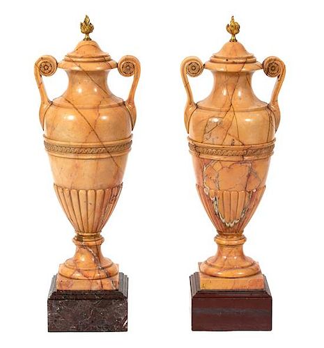 A Pair of Italian Crema Valencia Marble Double-Handled Urns Height 30 x diameter 10 1/2 inches.