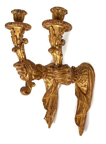 A Pair of Continental Giltwood Sconces Height 19 inches.