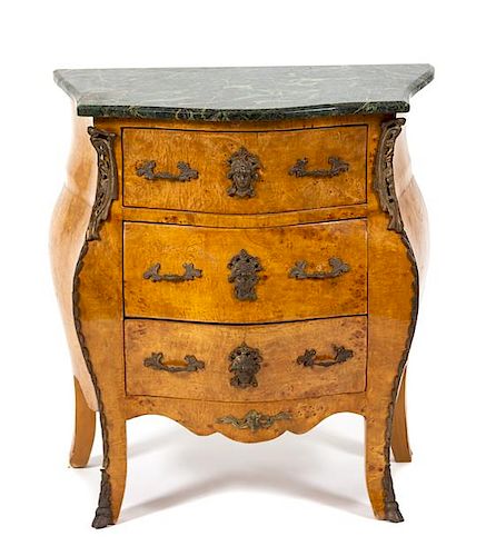 A Louis XV Style Gilt Metal Mounted Burlwood Commode Height 29 1/2 x width 26 x depth 16 inches.