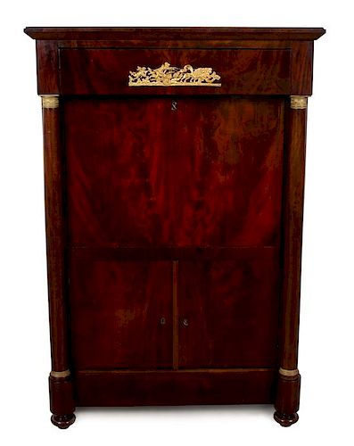 A Charles X Gilt Bronze Mounted Mahogany Secretaire Abbatant Height 60 3/4 x width 40 3/4 x depth 22 1/2 inches.
