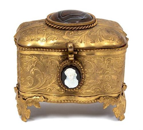 A French Chased Gilt Metal Footed Box Height 4 x width 4 x depth 3 inches.