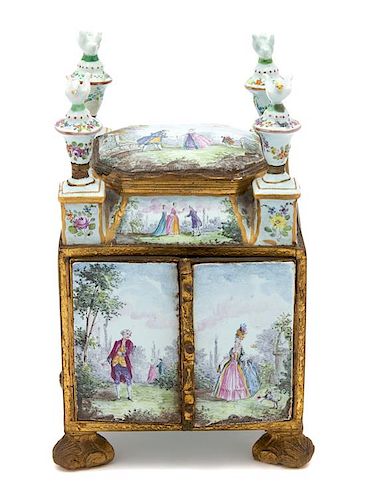 A Viennese Enamel and Gilt Bronze Neccessaire Height 6 1/2 x width 4 1/4 x depth 3 3/4 inches.