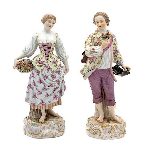 A Pair of Meissen Porcelain Figures Height of taller 13 3/4 inches.